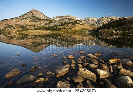 Sugarloaf Mountain And Medicine Bow Peak Reflected In Libby Lake  In Medicine Bow National Forest In
