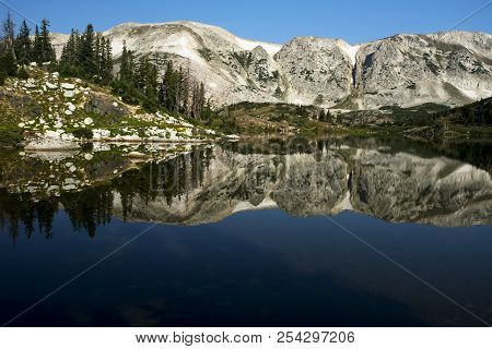 Sugarloaf Mountain And Medicine Bow Peak Reflected In Libby Lake  In Medicine Bow National Forest In