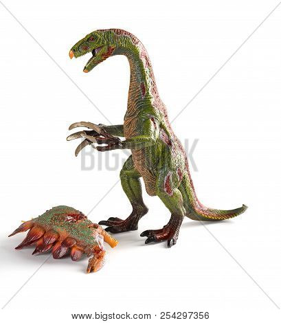 Nothronychus With A Stegosaurus Body Nearby On Dark Background