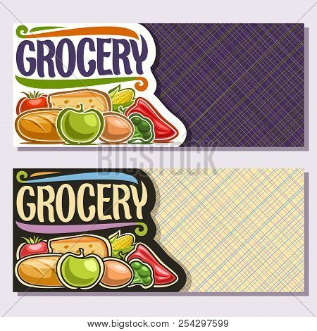 Vector Banners For Grocery Store With Copy Space, Organic Fruits & Vegetables, Slice Of Cheese, Fres