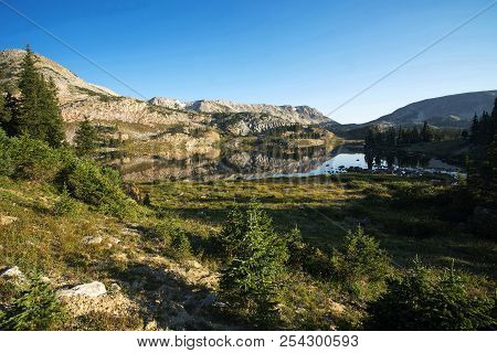 Sugarloaf Mountain And Medicine Bow Peak Reflected In Libby Lake  In Medicine Bow National Forest In