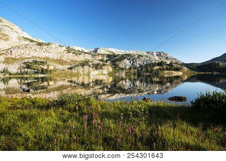 Sugarloaf Mountain And Medicine Bow Peak Reflected In Libby Lake  In Medicine Bow National Forest In
