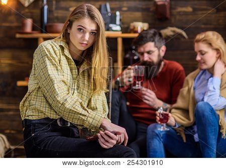 Teenage Female With Sad Eyes Sitting Alone, Growing Up Process, Self- Finding, Loneliness Concept. G