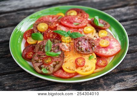 Colorful Tomato Salad With Heirloom, Pear Shaped, Beef Heart, Tigerella, Brandywine, Cherry, Black T