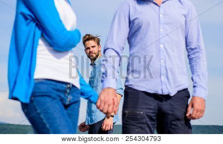 Cheating Concept. Boyfriend Full Jealous Looks Aggressive Cheaters Couple. Man Found Or Detected Gir