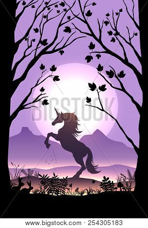 Silhouette Of A Skittish Unicorn In Forest, Vector Illustration