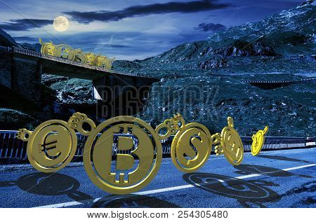 Bullish Or Bearish Marketing Trend. Bears Down The Road Make Fun Of Bulls Up On The Bridge. Currency