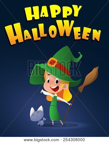 Cartoon Kid In Halloween Costume With Little Cat. Vector