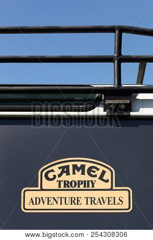 Belleville, France - July 16, 2018: Camel Trophy Logo On A Land Rover Car. The Camel Trophy Was A Ve