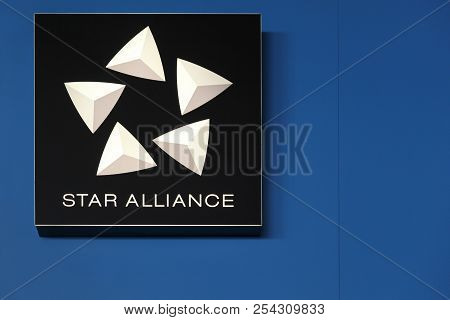 Copenhagen, Denmark - June 24, 2018: Star Alliance Logo On A Wall. Star Alliance Is One Of The World