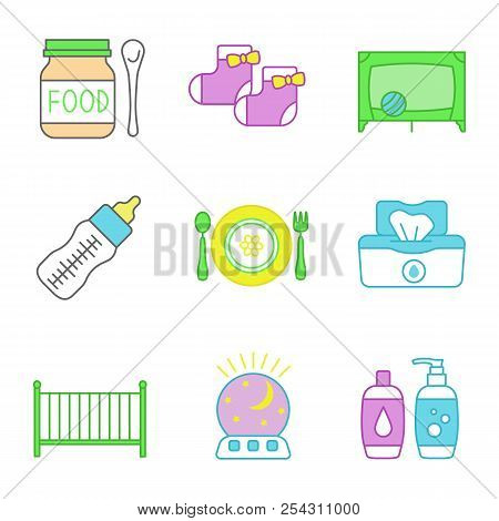 Childcare Color Icons Set. Baby Food, Socks, Playpen, Feeding Bottle, Dishes, Wet Wipes, Crib, Night