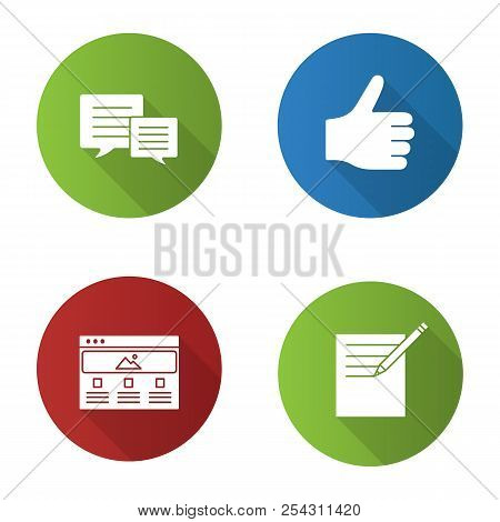 Information Center Flat Design Long Shadow Glyph Icons Set. Chatting, Taking Notes, Thumbs Up, Web P