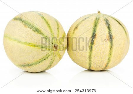 Group Of Two Whole Fresh Melon Cantaloupe Variety Isolated On White Background