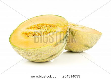Group Of Two Halves Of Fresh Melon Cantaloupe Variety Isolated On White Background