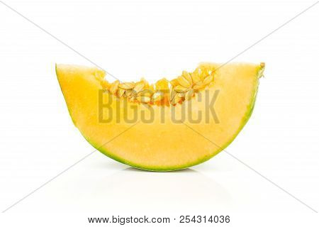 One Slice Of Fresh Melon Cantaloupe Variety Isolated On White Background
