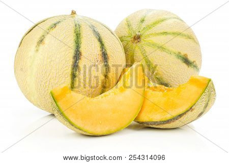 Group Of Two Whole Two Slices Of Fresh Melon Cantaloupe Variety Without Seeds Isolated On White Back