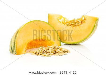 Group Of Two Slices Of Fresh Melon Cantaloupe Variety With Seeds Around Isolated On White Background