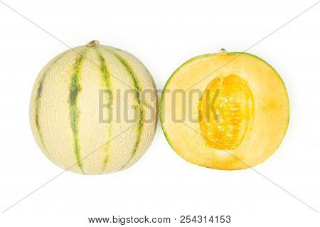 Group Of One Whole One Half Of Fresh Melon Cantaloupe Variety Without Seeds Flatlay Isolated On Whit