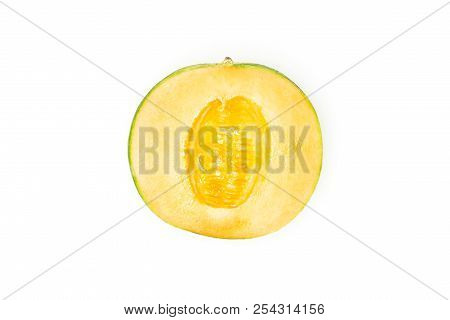 One Half Of Fresh Melon Cantaloupe Variety Without Seeds Flatlay Isolated On White Background