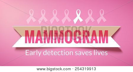 Pink Vector Background With Paper Ribbon And Lettering Mammogram