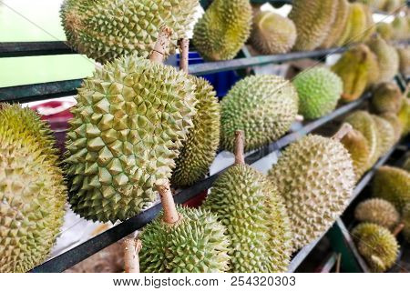 Durian Displayed And Sold In Malaysa Stall Including Musang King