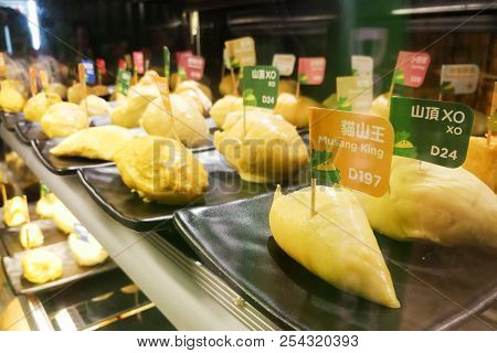 Variety Of Durian Flesh Meat In Restaurantt For Trial Sampling