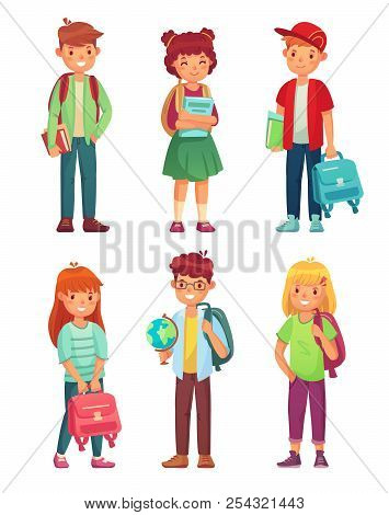 High School Students. Kids Pupils With Globe, Books And Backpack. Schools Boy And Girl Pupil Charact