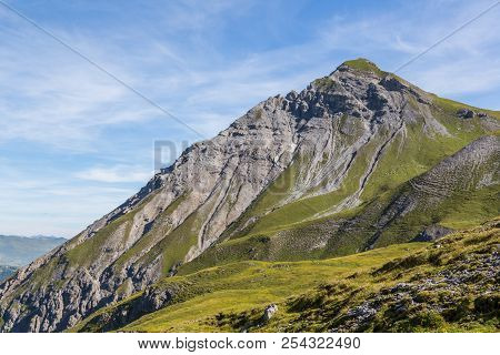 Schiesshorn Mountain Near Arosa In Natural Sunlight And Blue Sky