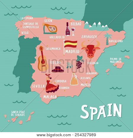 Vector Tourist Map Of Spain. Travel Illustration With Spanish National Atributics. Vector Illustrati