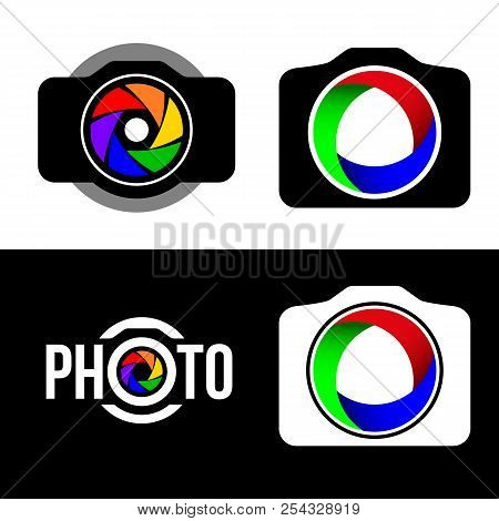 Abstract Digital Camera With Colorful Shutter Vector Icon Set Black White Background