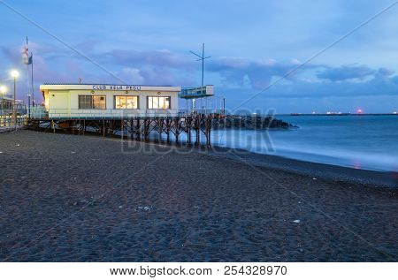 Genoa (genova), Italy, January 2, 2017 - Sailing Club On The Beach By Night In Genoa (genova) Pegli,