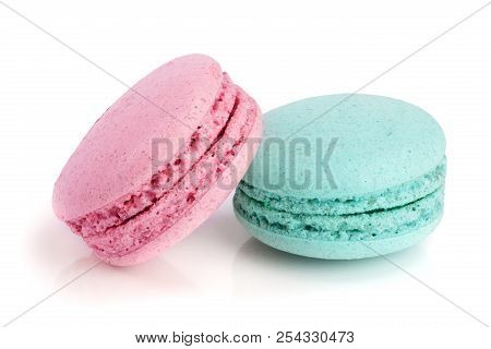 Pink And Blue Macaroon Isolated On White Background Closeup