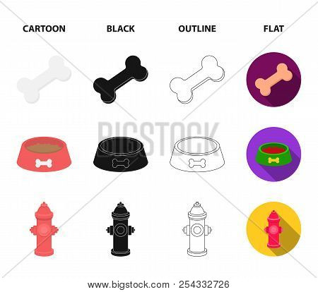 A Bone, A Fire Hydrant, A Bowl Of Food, A Pissing Dog.dog Set Collection Icons In Cartoon, Black, Ou