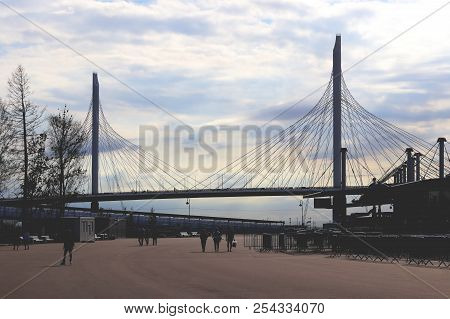 Zsd Road Bridge Above Neva River. Pedestrian Zone Near Saint-petersburg Stadium.