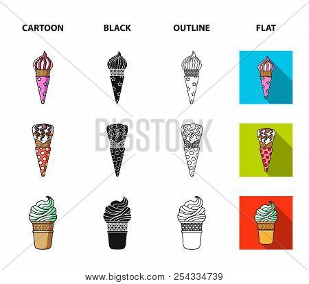 Ice Cream On A Stick, In A Waffle Cone And Other Species. Ice Cream Set Collection Icons In Cartoon,