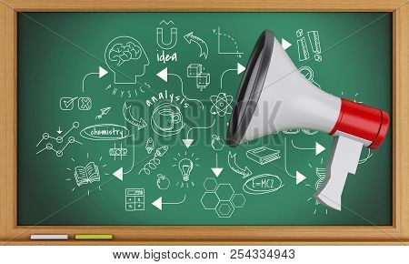 3D Blackboard With Science And Chemestry Sketch With Megaphone
