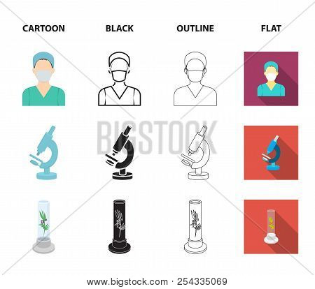 Plant In Vitro, Nurse, Microscope, Tonometer. Medicine Set Collection Icons In Cartoon, Black, Outli