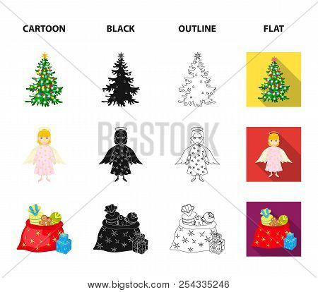 Christmas Tree, Angel, Gifts And Holly Cartoon, Black, Outline, Flat Icons In Set Collection For Des