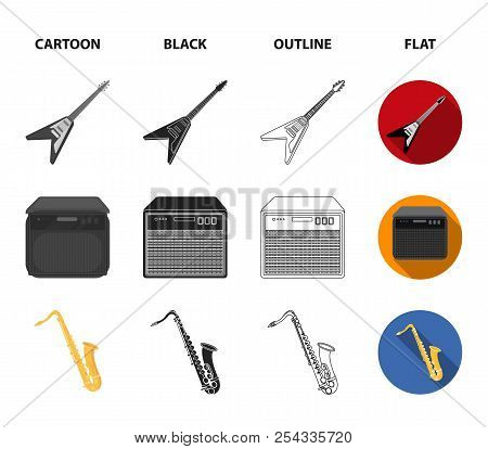 Electric Guitar, Loudspeaker, Saxophone, Violin.music Instruments Set Collection Icons In Cartoon, B