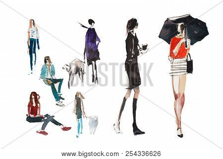 Different Types Of Walking People Watercolor Illustration Quick Sketch Drawing.