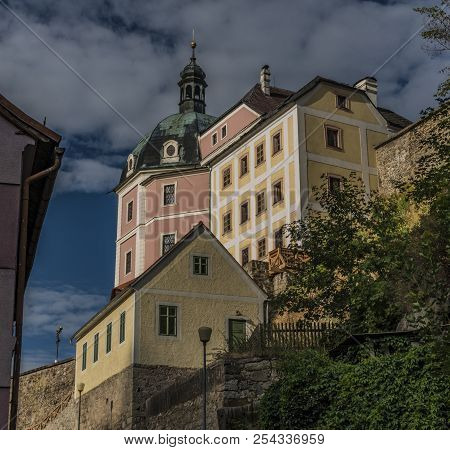 Old Castle In Becov Nad Teplou Town In Hot Summer Cloudy Morning