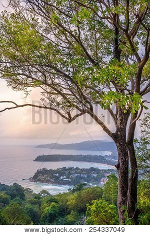 Seascape Landscape Nature With Tree And Sunset In Twilight, Phuket View Point With Color Of The Suns