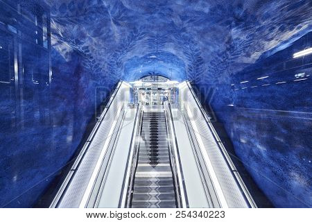 Stockholm, Sweden - December 12,2017. Escalator At The Metro Station T-centralen On The Blue Line, M