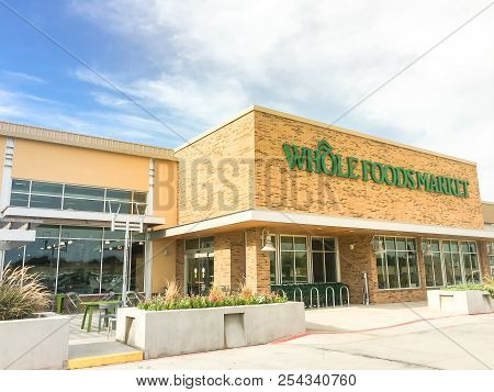 Outdoor Patio And Facade Of Whole Foods Market In Irving, Texas, Usa