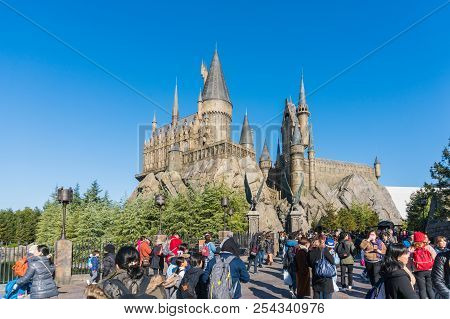 Osaka, Japan - Nov 24, 2017: Hogwarts Castle In The Wizarding World Of Harry Potter Zone At Universa
