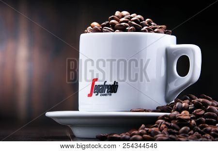 Poznan, Pol - Aug 3, 2018: Cup Of Segafredo Zanetti, A Coffee Brand Owned By Massimo Zanetti Beverag