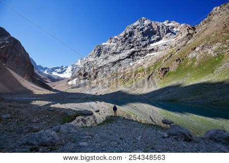 Beautiful serene lake in  Fann mountains (branch of Pamir) in Tajikistan.
