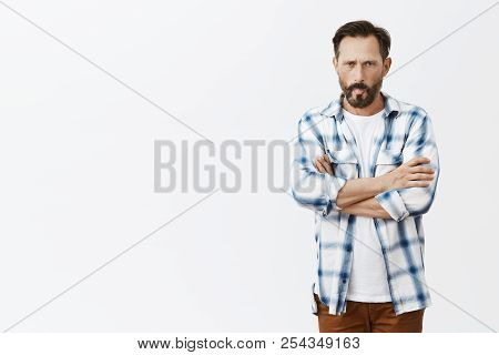 Not Gonna Talk With You. Moody And Childish Cute Adult Male With Beard, Holding Hands Crossed And St