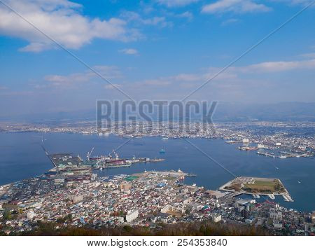 Port Of Hakodate, Hokkaido, Japan. Landscape High View Taken From Mt. Hakodate.