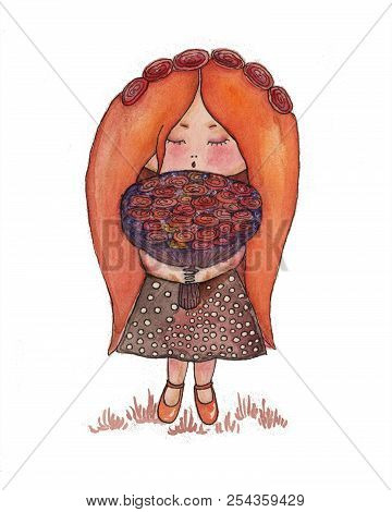 Little Girl With Red Hair And Bouquet Of Flowers. Watercolor Illustration. Hand Drawing